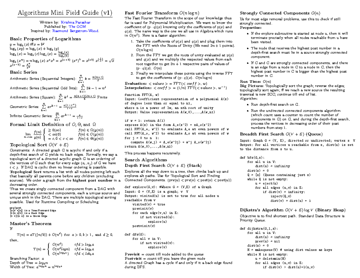 Cheat sheet 1 - Algorithms Mini Field Guide (v1) Written by: Krishna ...