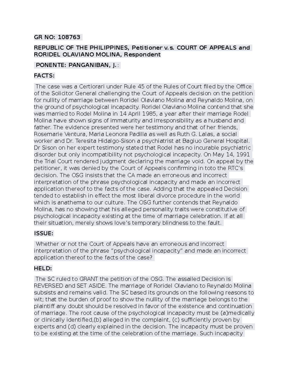 CASE Digest Persons AND Family Relation - GR NO: 108763 REPUBLIC OF THE ...