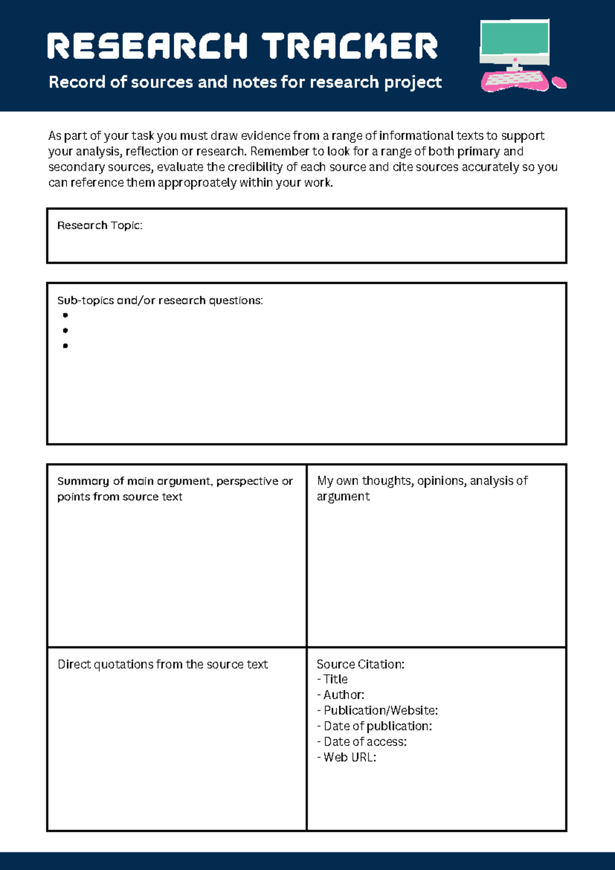 Research Note-Taking and Source - research tracker Record of sources ...