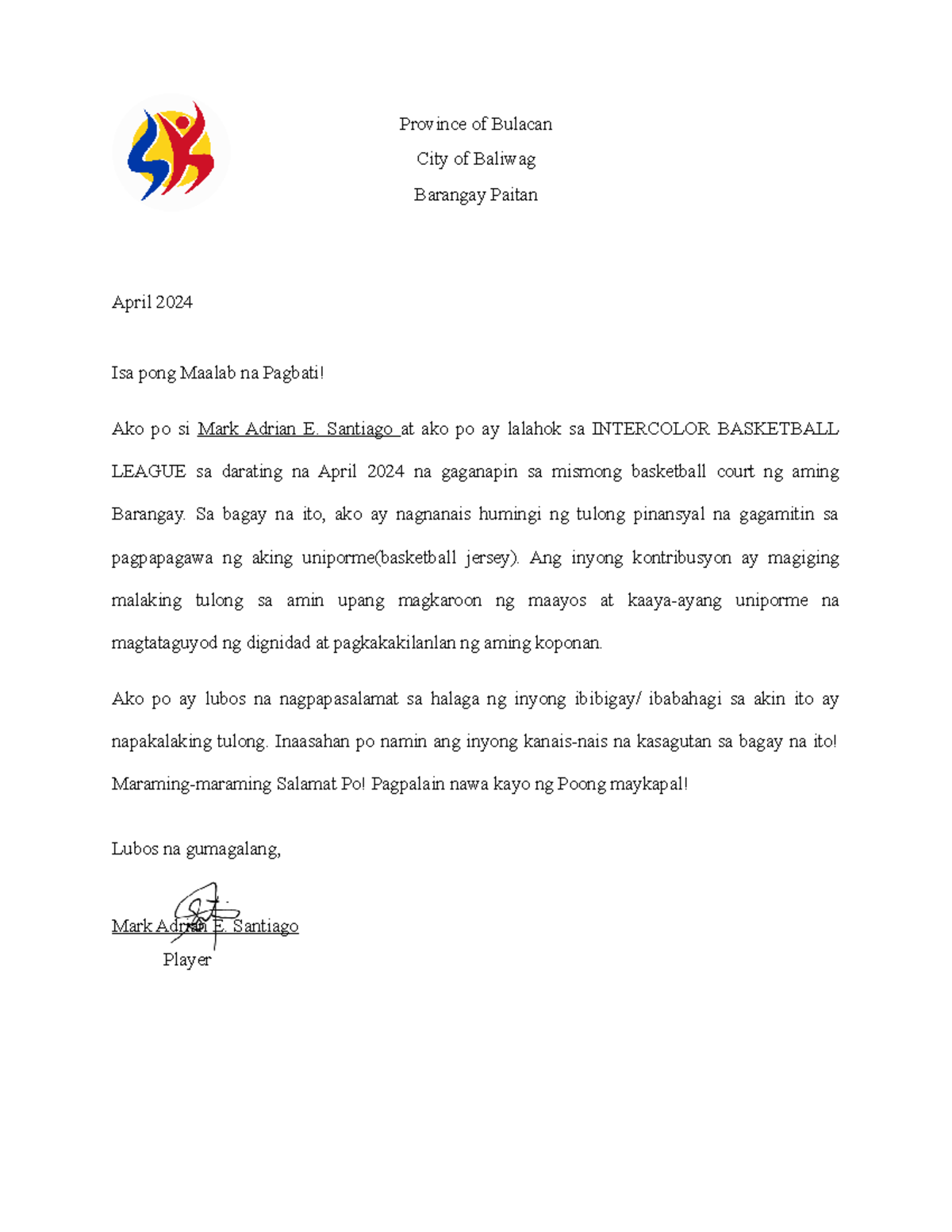 Solicit letter template - Province of Bulacan City of Baliwag Barangay ...