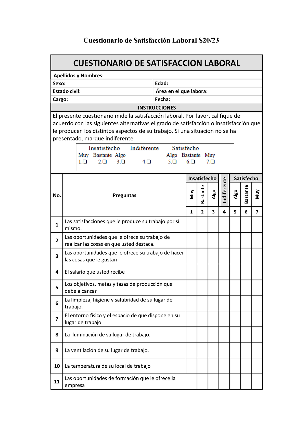 Test Satisfacción Laboral Cuestionario De Satisfacción Laboral S20 Cuestionario De 5610