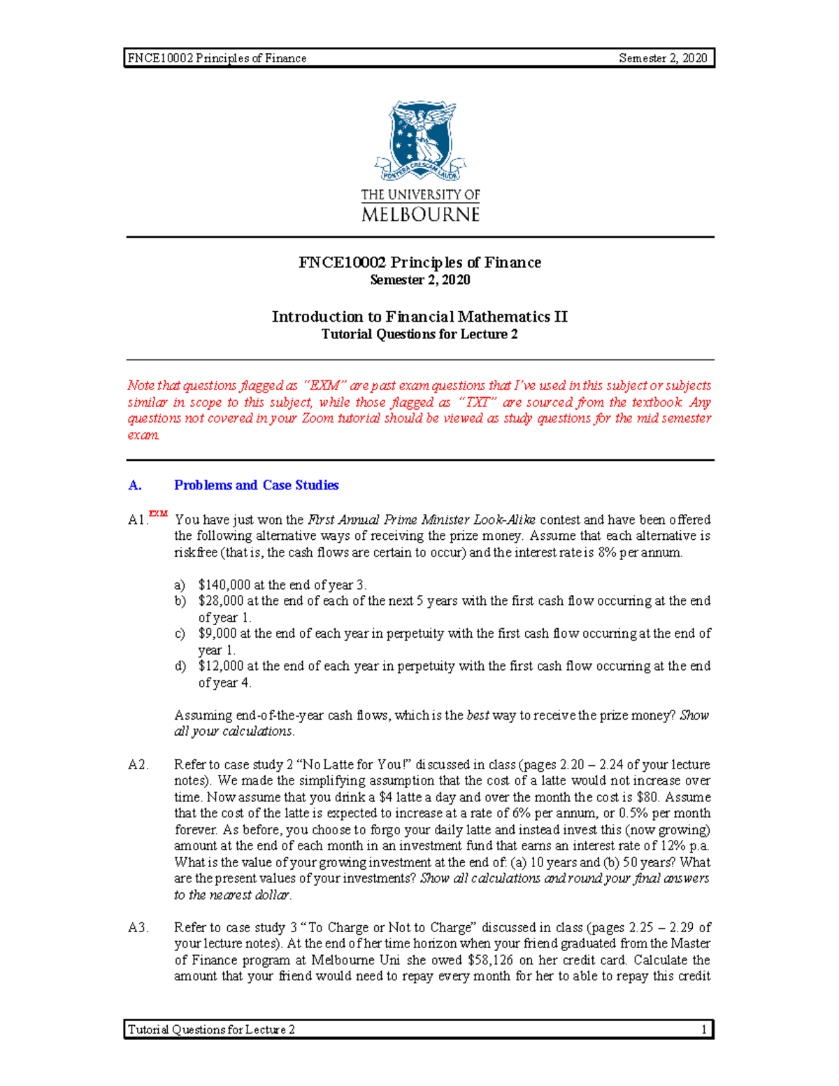 Tutorial 02 (LMS) - FNCE10002 Principles of Finance Semester 2, 2020 ...