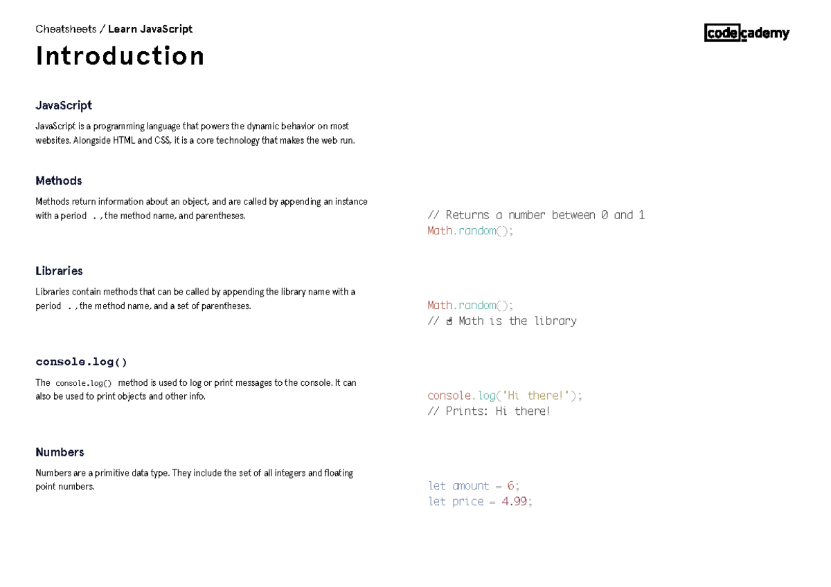 Learn Java Script Introduction Cheatsheet Codecademy - JavaScript Is A ...