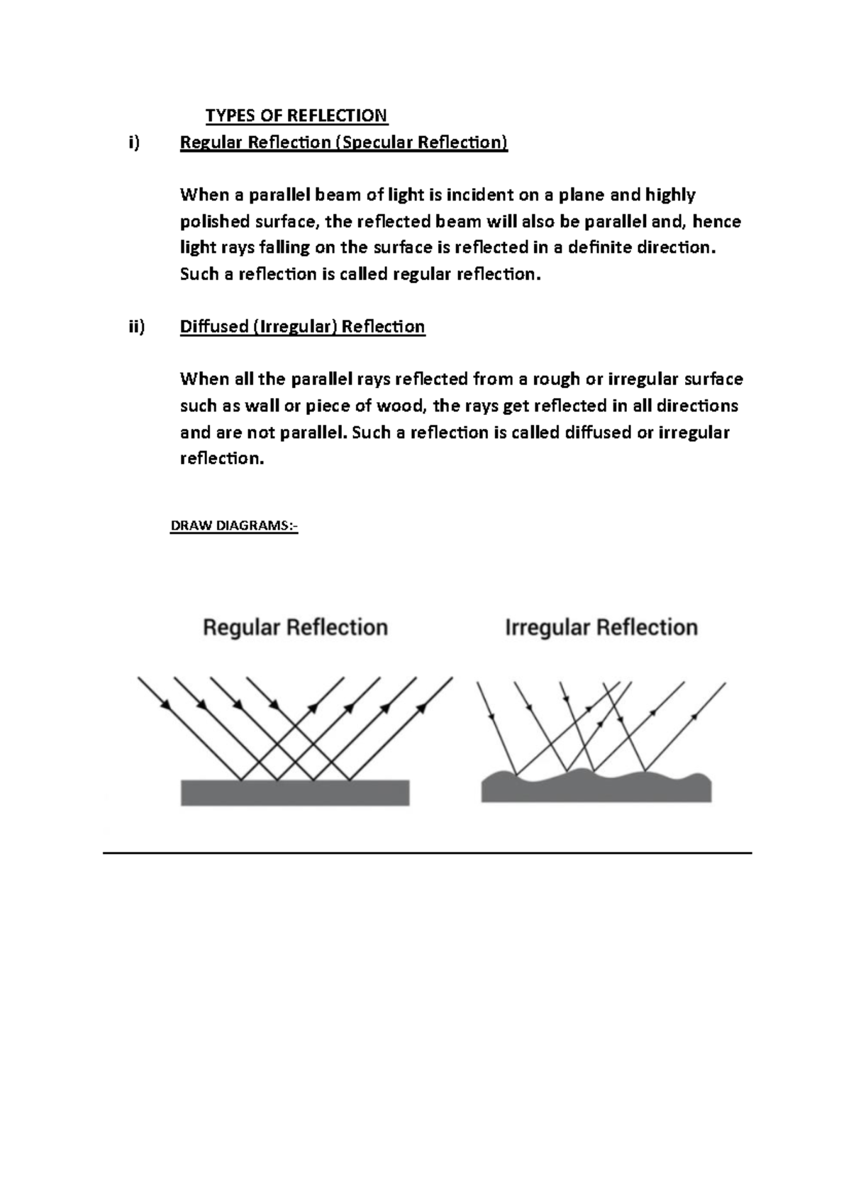 Light Notes NEW - TYPES OF REFLECTION i) Regular Reflection (Specular ...