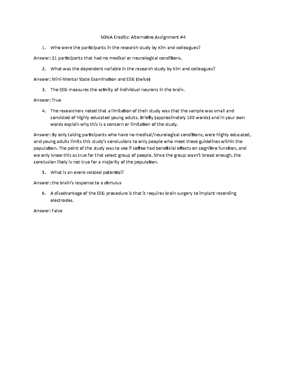 Psych 1000 SONA Credits Assignment 4 SONA Credits Alternative