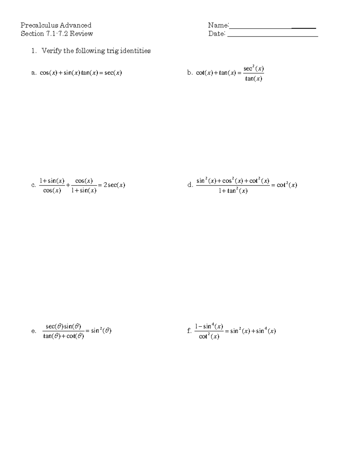 Section 7 - Pre-calc Adv Practice - Precalculus Advanced Name ...