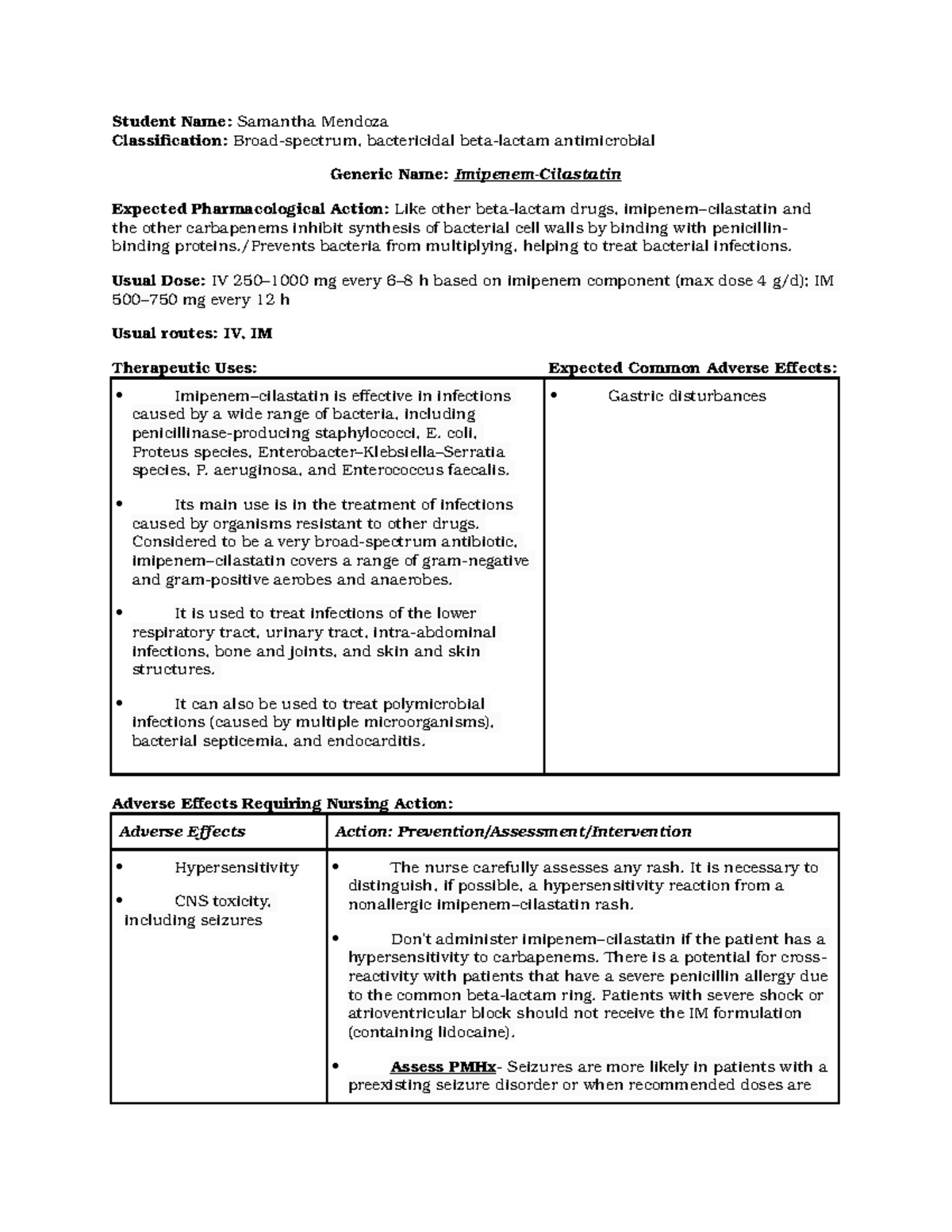 Impenem-Cilastatin Unit 2 - Student Name: Samantha Mendoza ...