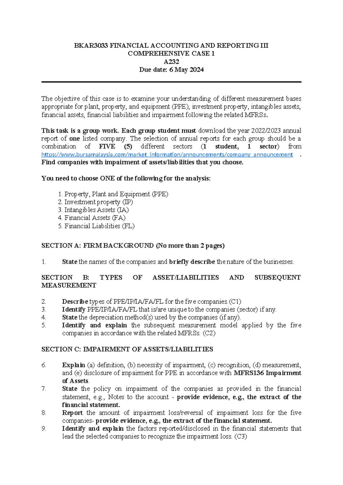 Comprehensive Case 1 BKAR3033 A232 - BKAR3033 FINANCIAL ACCOUNTING AND ...