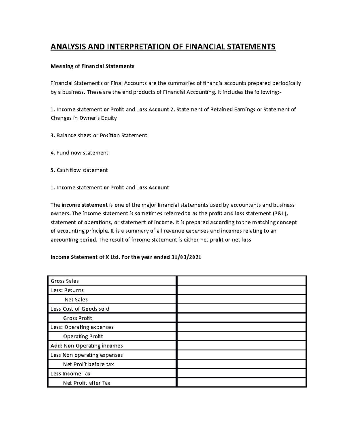 Analysis AND Interpretation OF Financial Statements - ANALYSIS AND ...