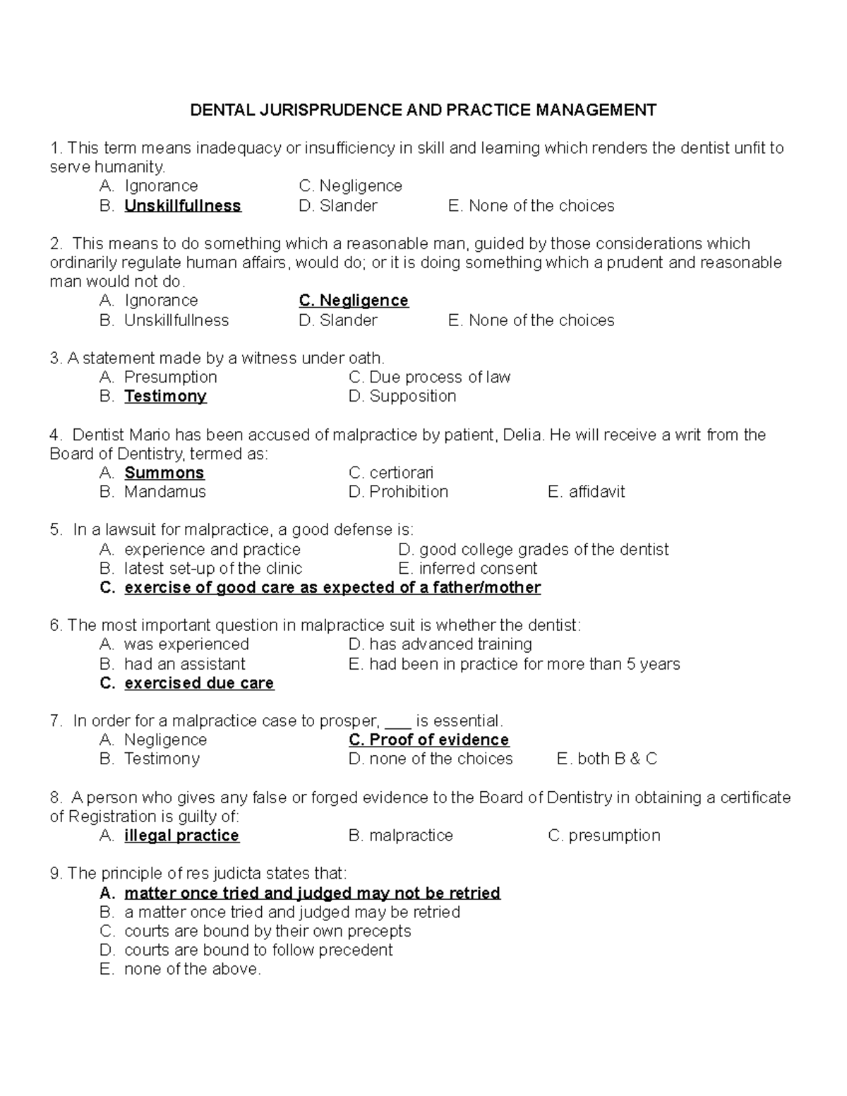 Sample/practice exam 2017, questions and answers DENTAL JURISPRUDENCE