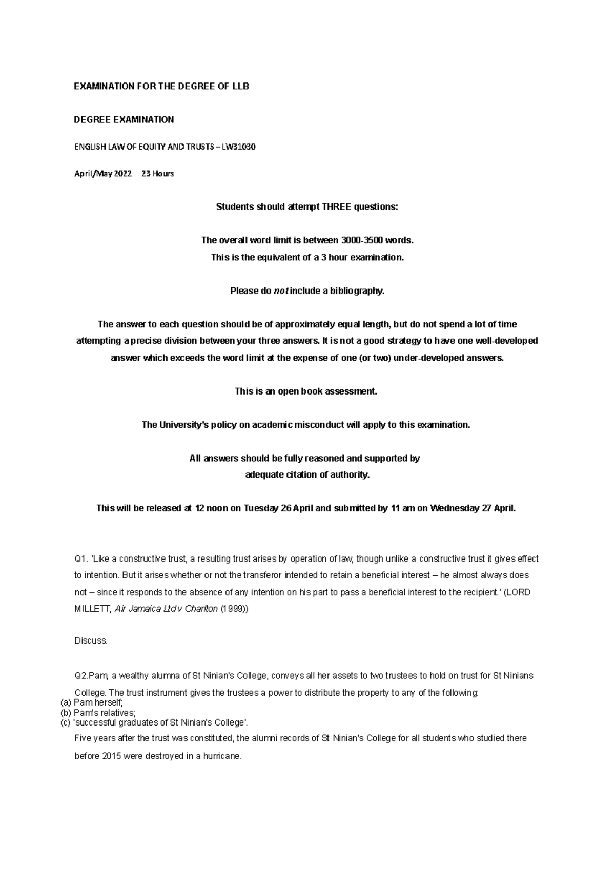 English LAW OF Equity AND Trusts 2022 exam - EXAMINATION FOR THE DEGREE ...