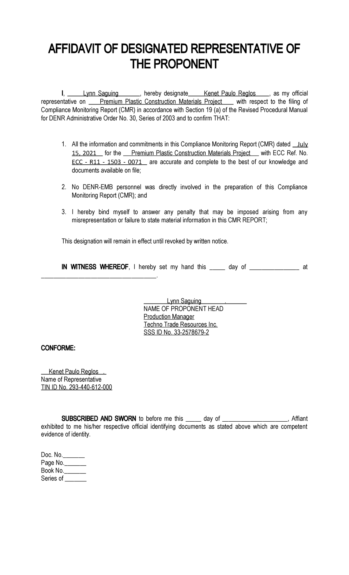 Affidavit Of Designated Representative Affidavit Of Designated Representative Of The Proponent 1123