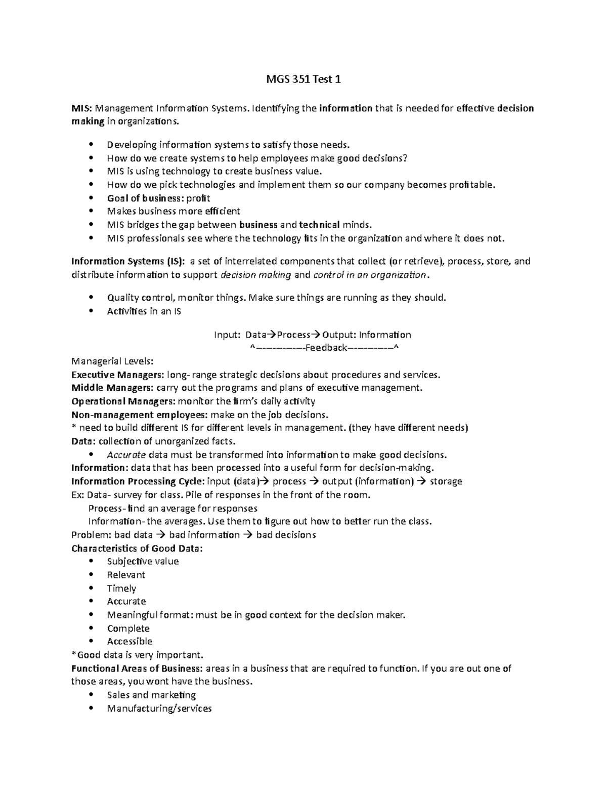 Mgs 351 test 1 review sheet - MGS 351 Test 1 MIS: Management ...