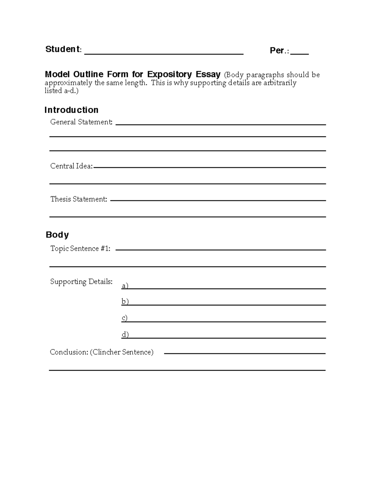 Expository Outline - Model Outline Form for Expository Essay ...