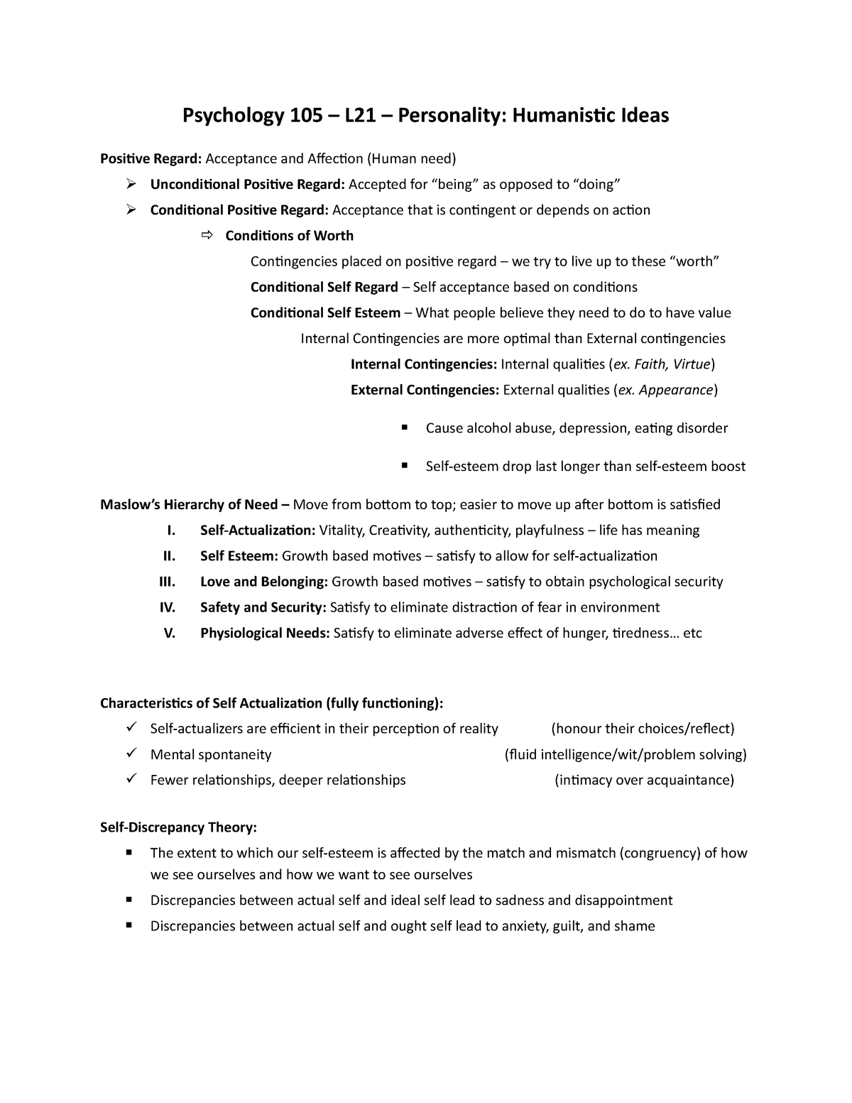 Ch 21 Summary Psychology 105 Psychology 105 L21 Personality Humanistic Ideas Studocu