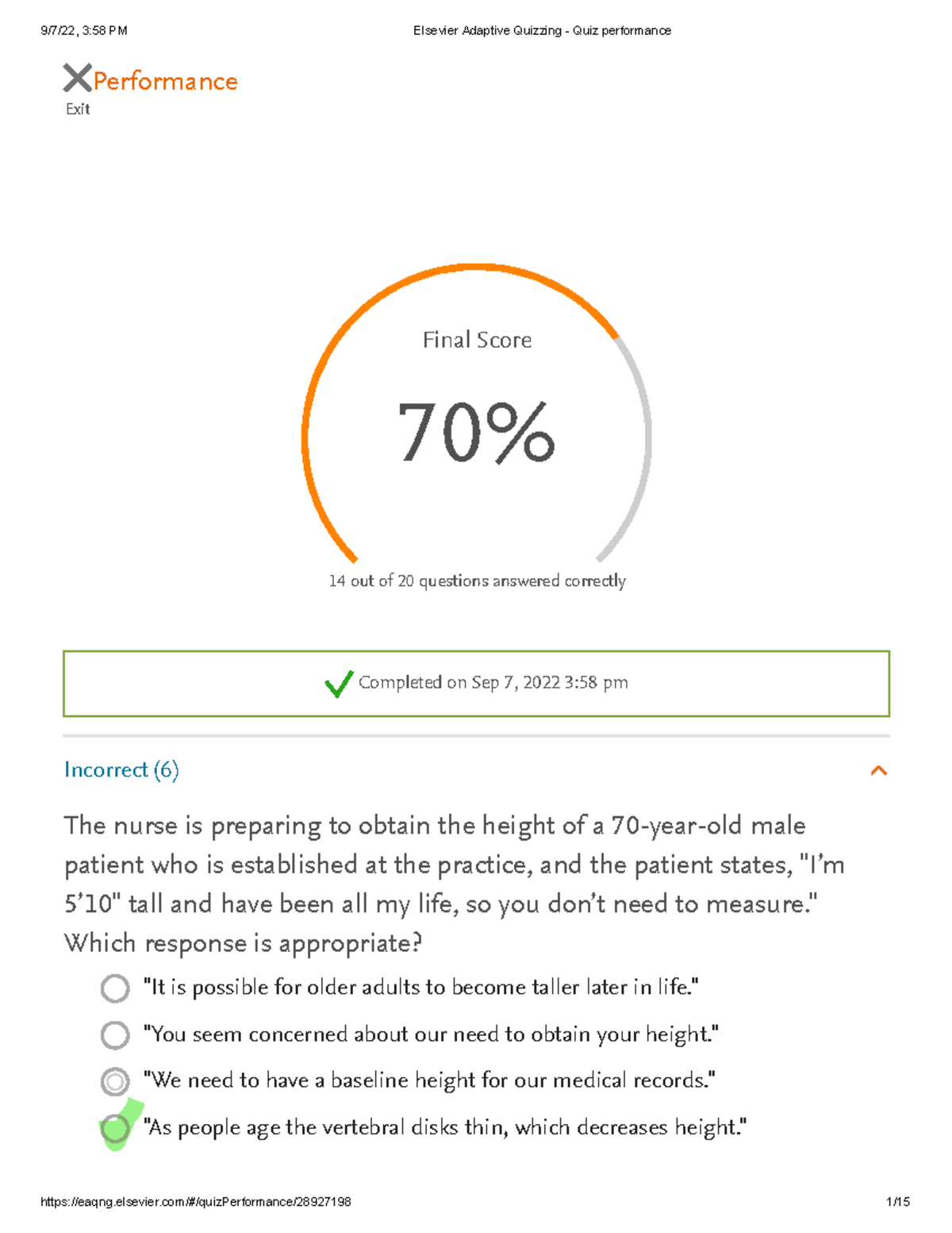 Chapter 9 - Practice Quiz - ####### Exit Performance Final Score 70% ...