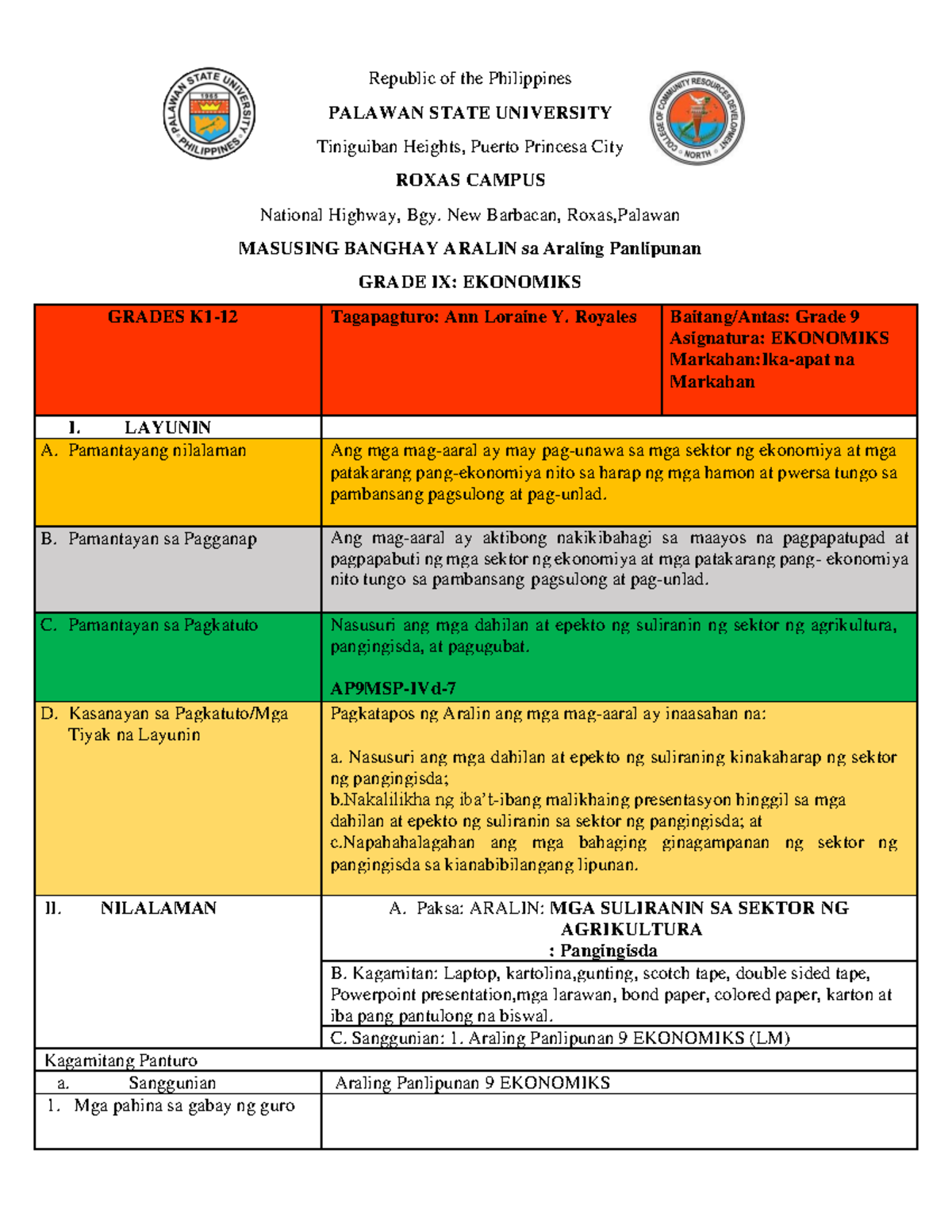 Lesson-Plan-Pangingisda - Republic of the Philippines PALAWAN STATE ...