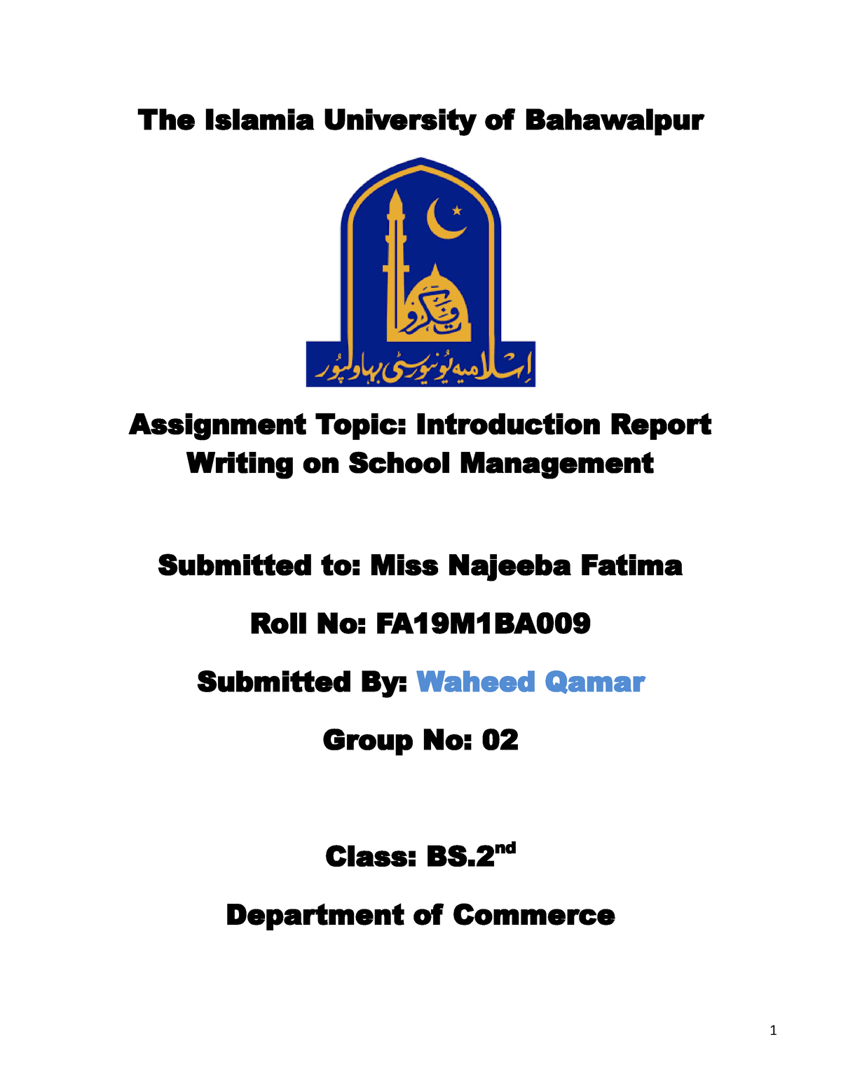 islamia college assignment cover page