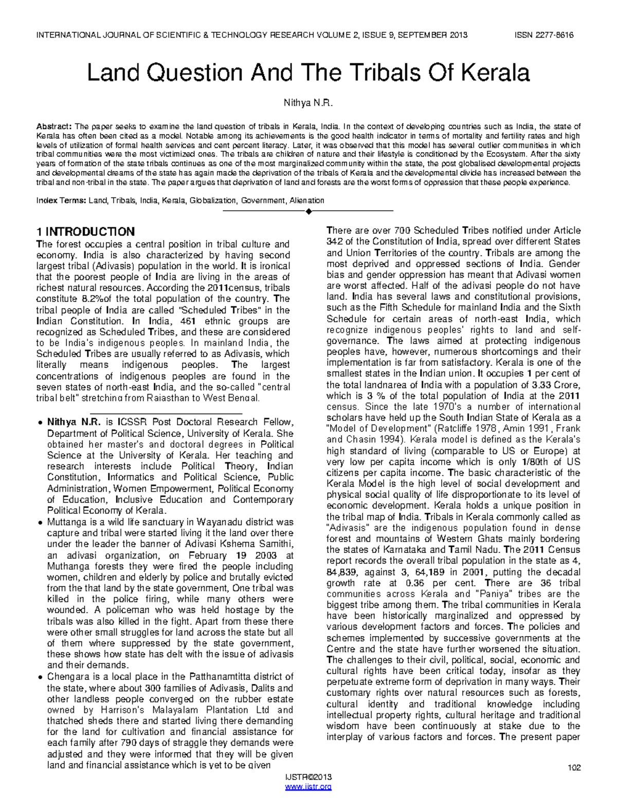 Land Question And The Tribals Of Kerala INTERNATIONAL JOURNAL OF