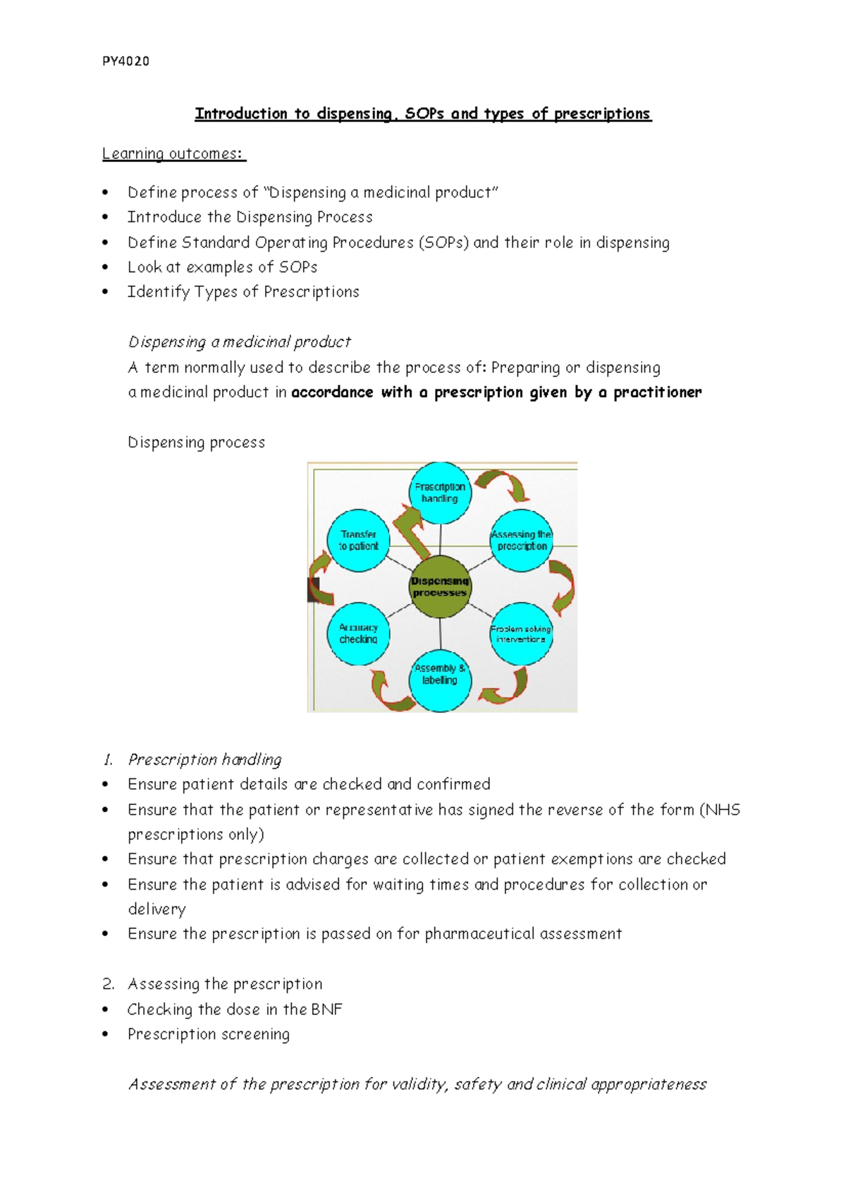 Introduction to dispensing, SOPs and types of prescriptions PY4020