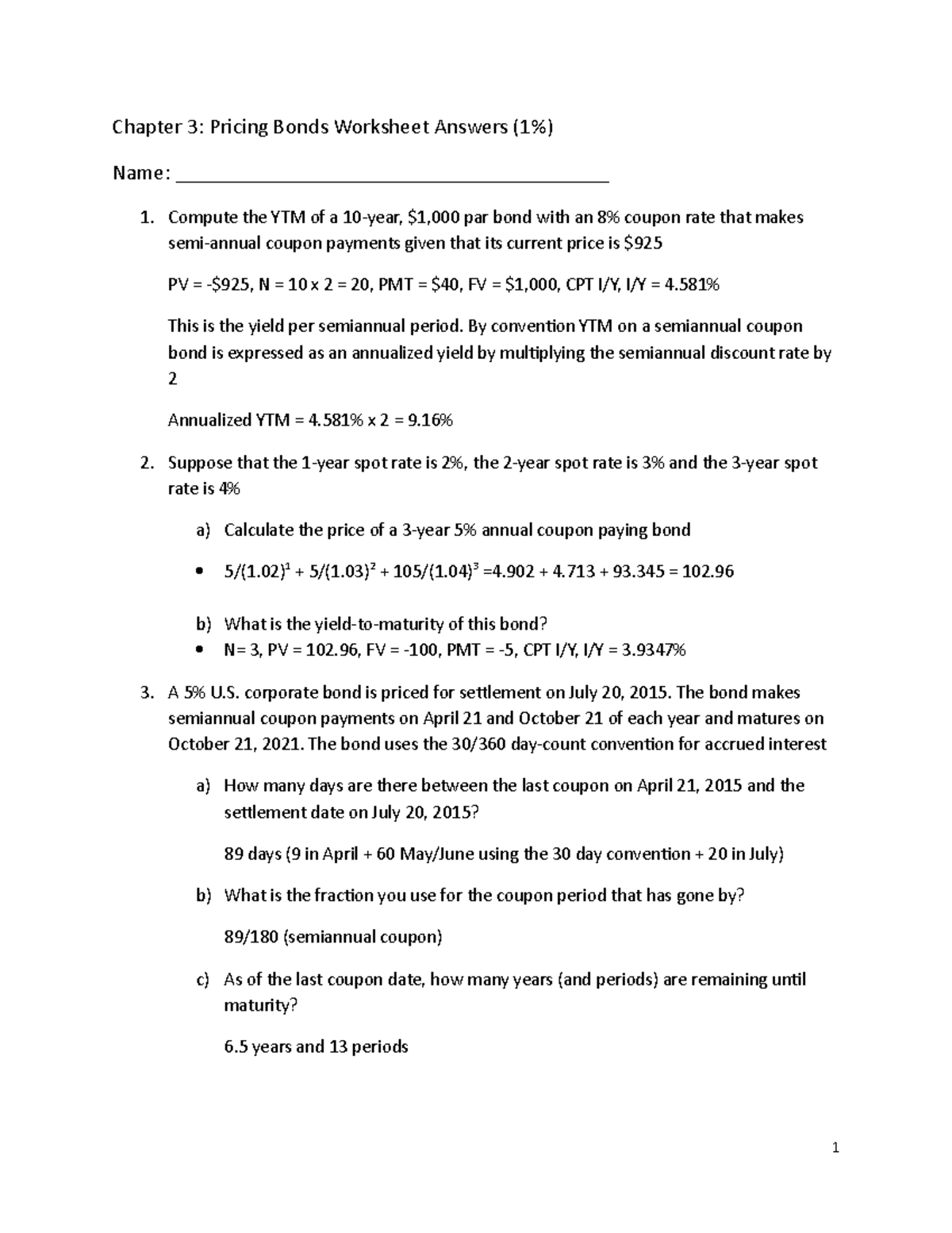 Chapter 3a worksheet bond and matrix pricing answers - Chapter 3 ...