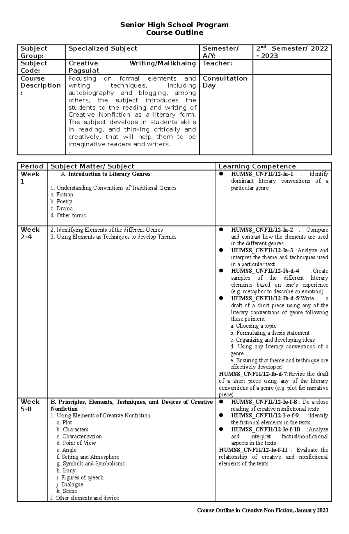 Course outline - Creative NF - Senior High School Program Course ...