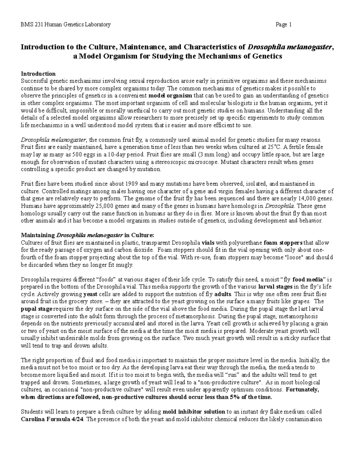 BMS231 Drosophila Lab Notes BMS 231 Human Laboratory Page 1