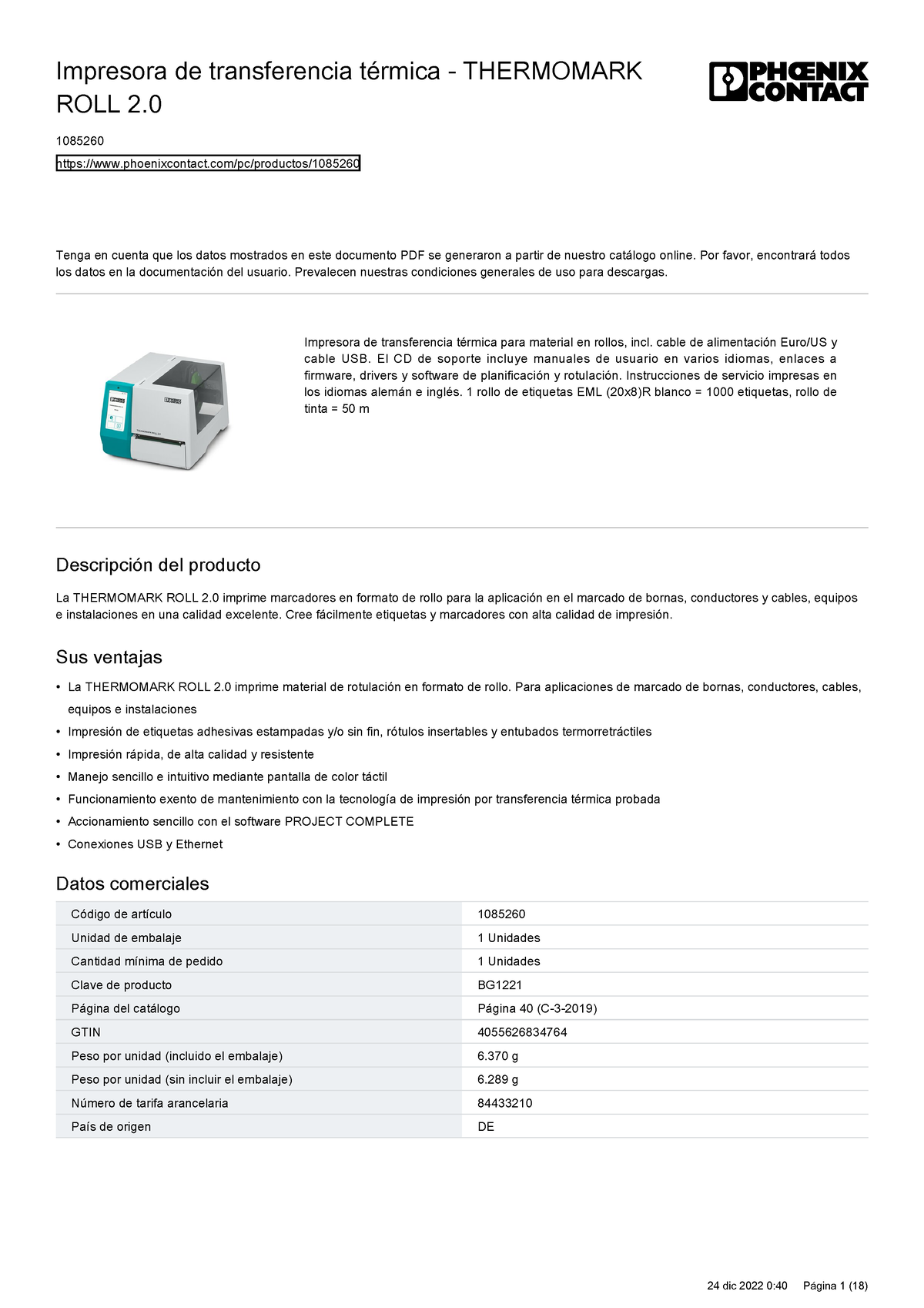 1085260 - Impresora de transferencia térmica para material en rollos