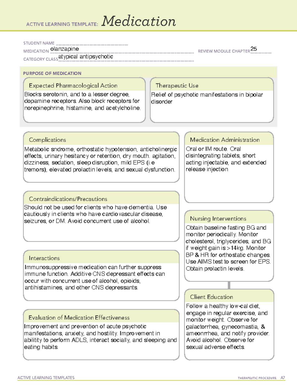 Olanzapine ACTIVE LEARNING TEMPLATES THERAPEUTIC PROCEDURE A