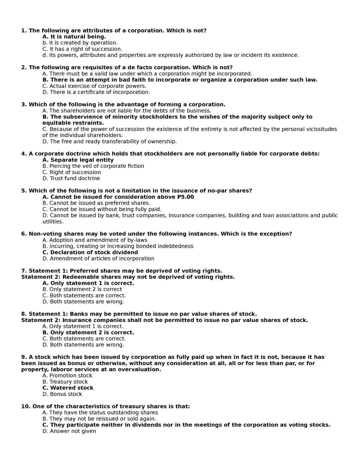 Bus Law Reviewer - The following are attributes of a corporation. Which ...