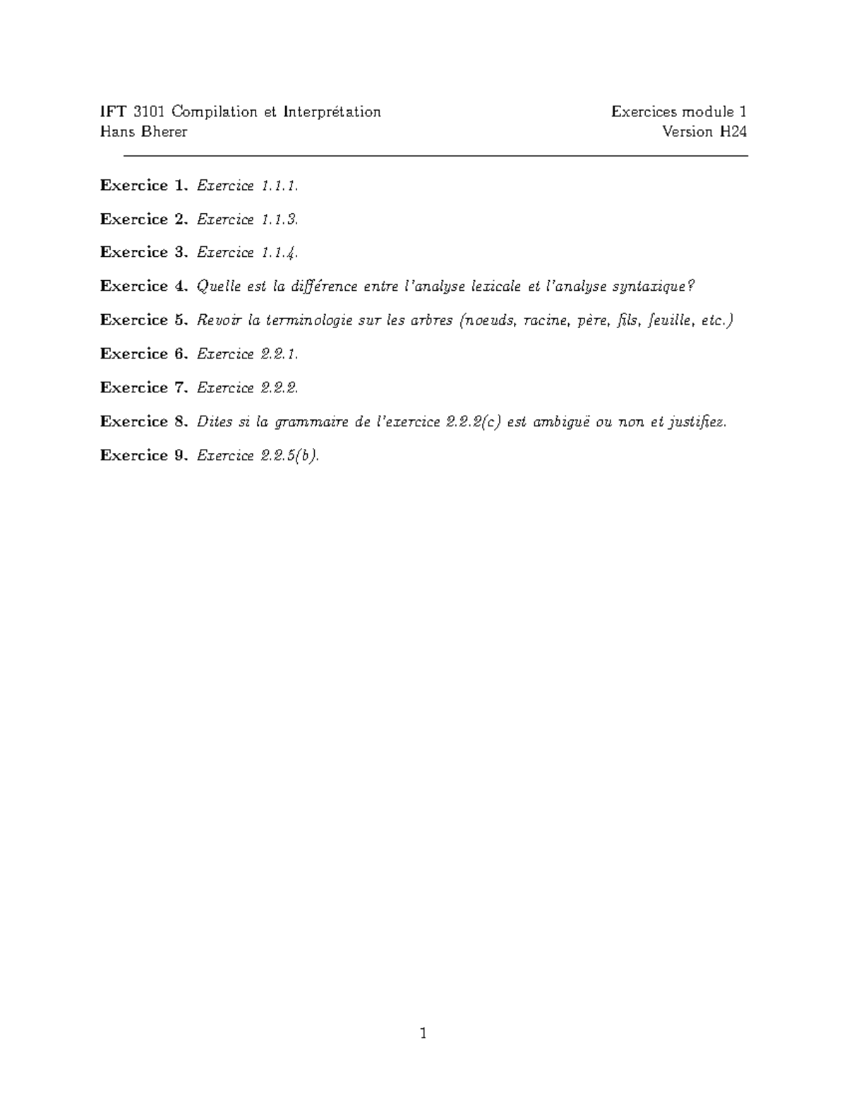 Exercices Module 1 - IFT 3101 Compilation Et Interpr ́etation Exercices ...