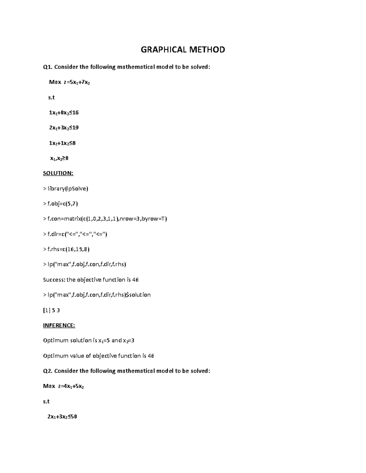 OR - operation research - GRAPHICAL METHOD Q1. Consider the following ...