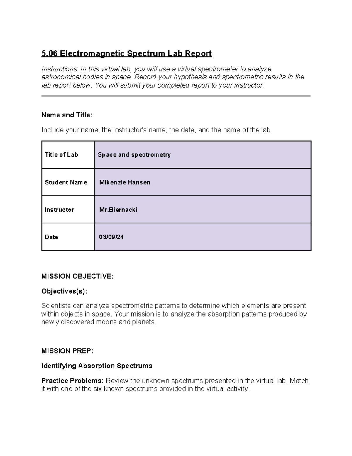 Copy of Science 5 5 Spectrum Lab Report Instructions