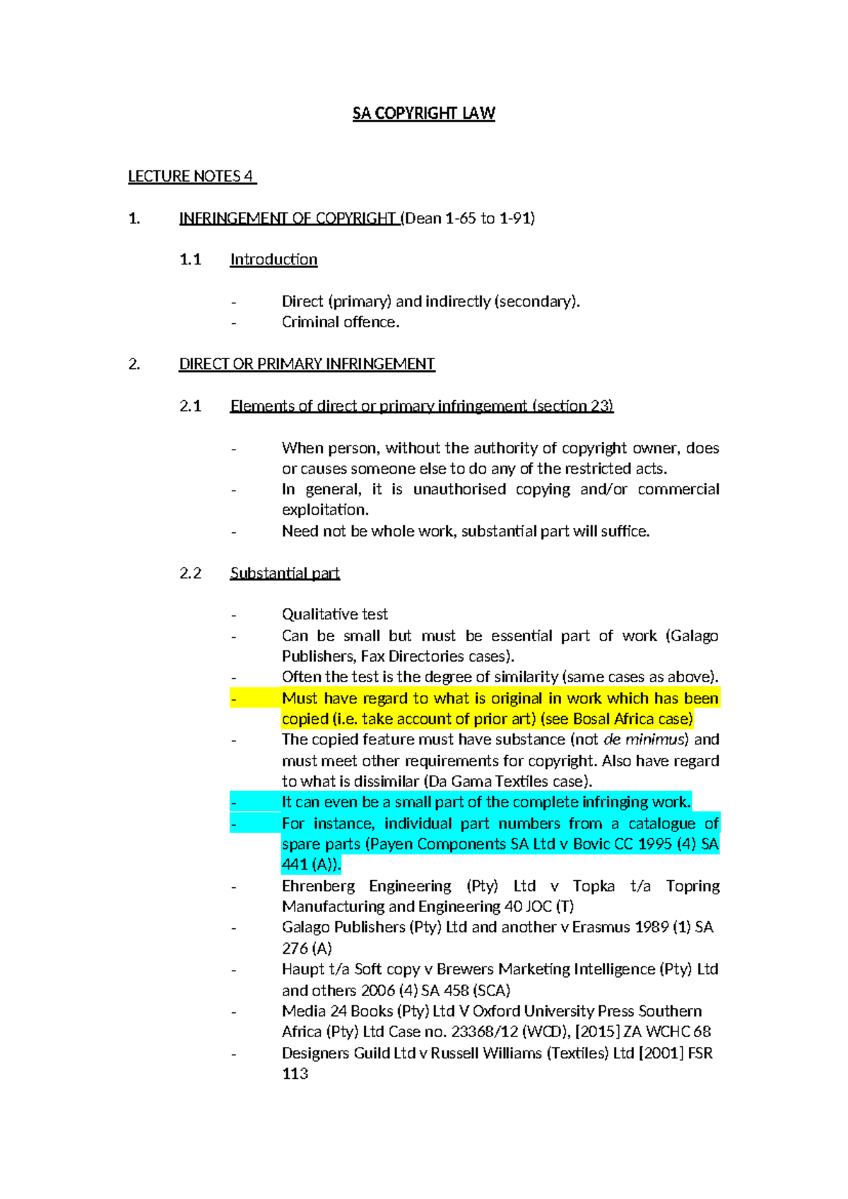 Copyright Lecture Notes 4 - SA COPYRIGHT LAW LECTURE NOTES 4 1 ...