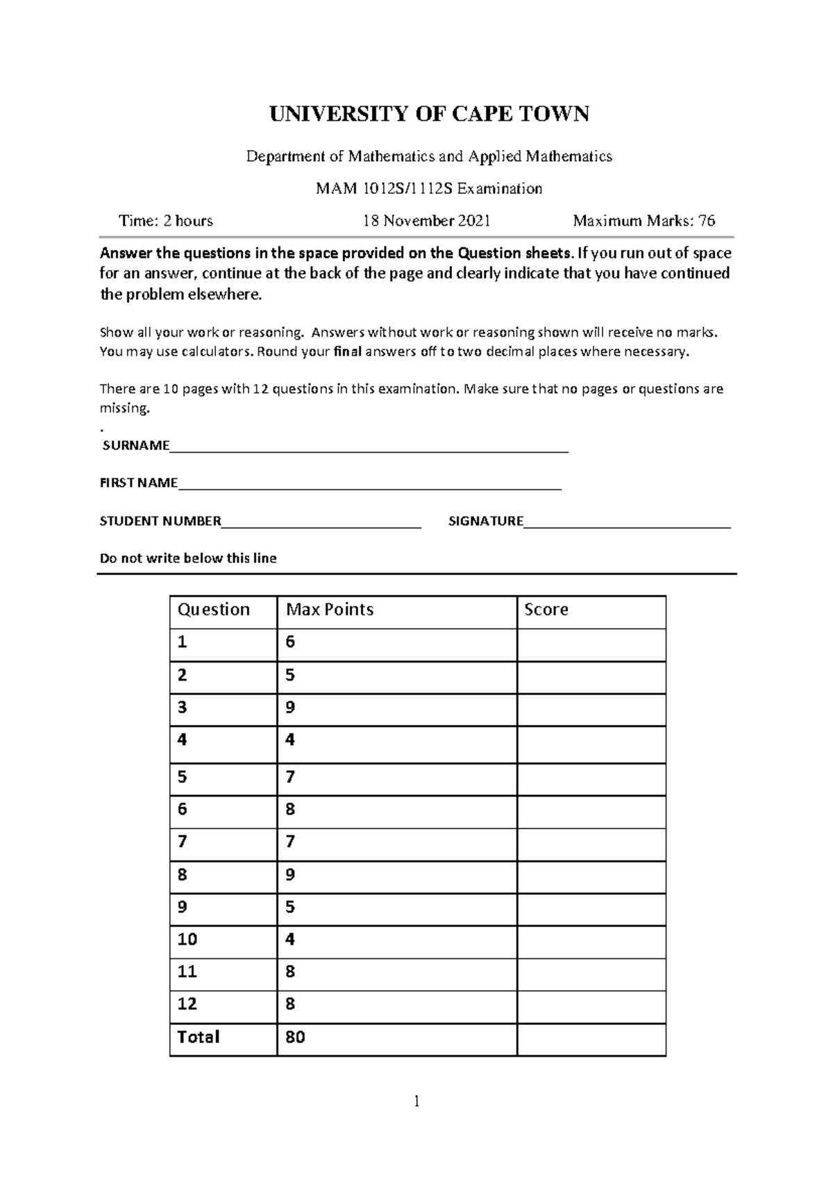 MAM1112S 2021 Exam - 2021 final exam - UNIVERSITY OF CAPE TOWN ...