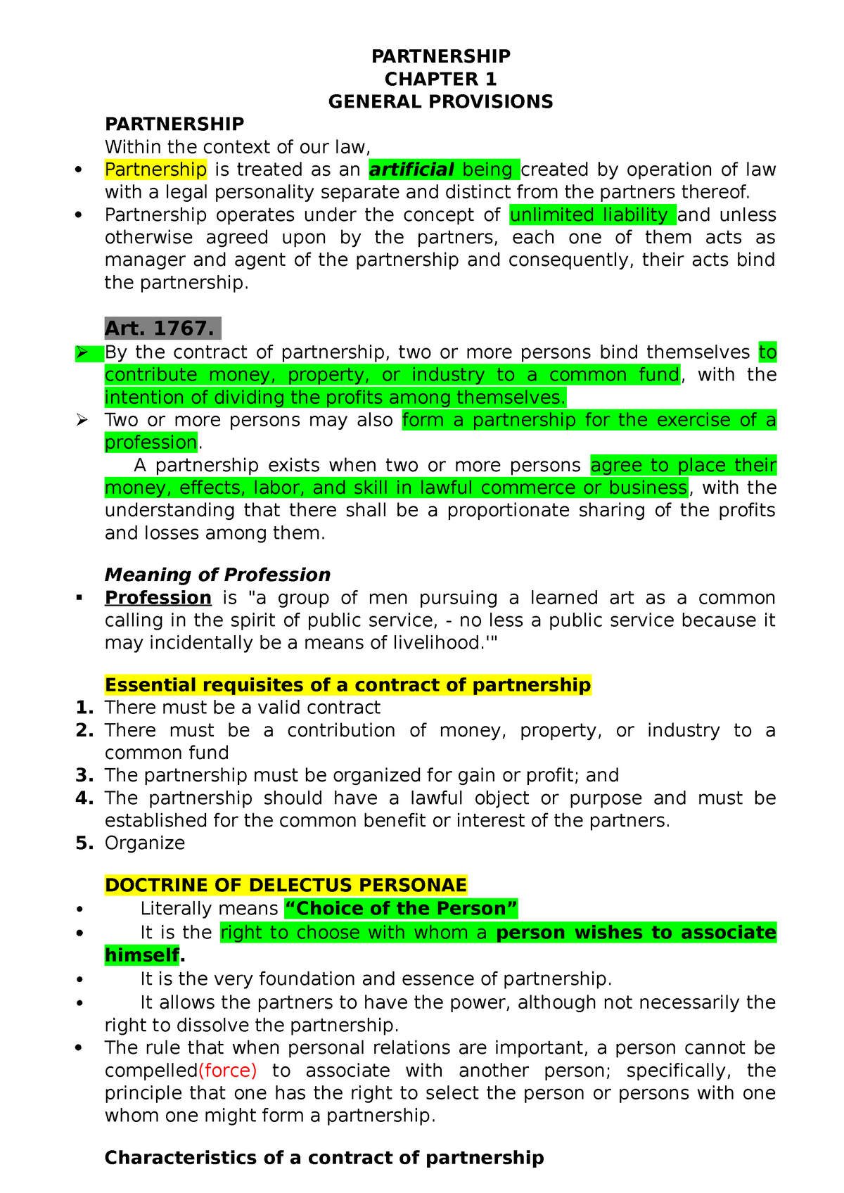 Corpo - NOTES - PARTNERSHIP CHAPTER 1 GENERAL PROVISIONS PARTNERSHIP ...