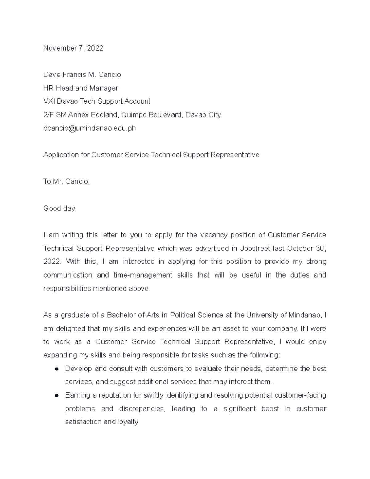 Letter OF Application GE2 Layese, C.M - November 7, 2022 Dave Francis M ...