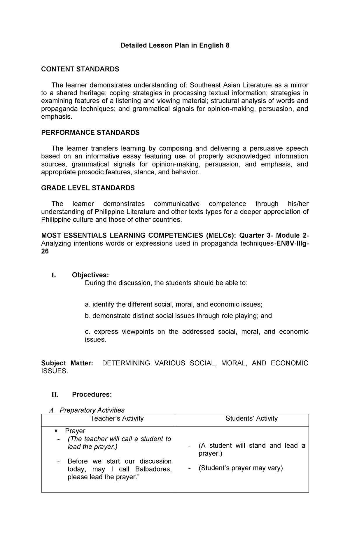 English-8 Quarter 3 - Detailed Lesson Plan In English 8 Content 