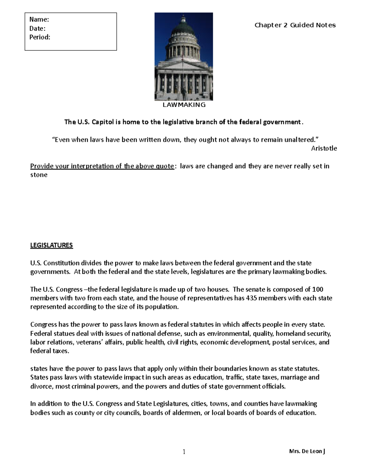 Chapter+2-Law+Making++Notes - Chapter 2 Guided Notes LAWMAKING The U ...