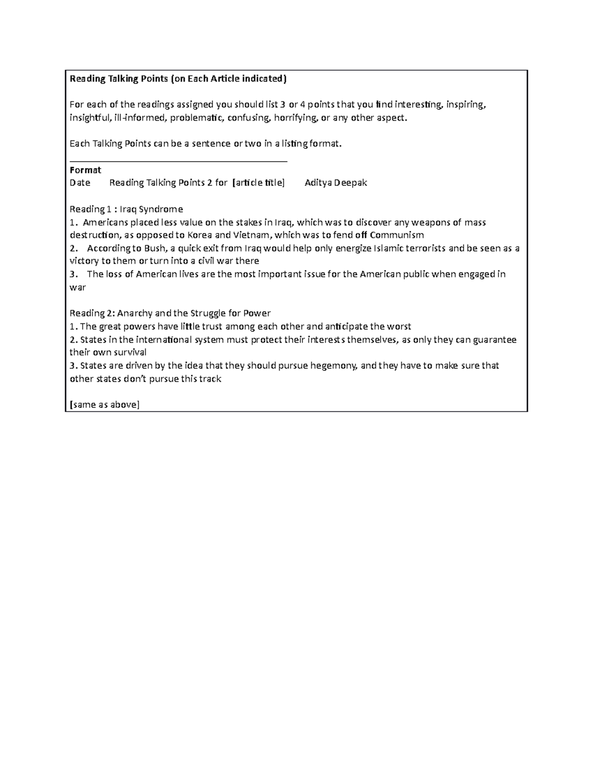 2nd Reading Talking Points - Reading Talking Points (on Each Article ...