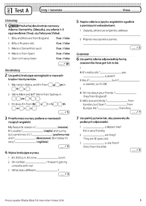 Brainy Kl5 Unit Test 1 B - Sprawdzian Dla Klasy 5 - UNIT 1 Test B Imię ...