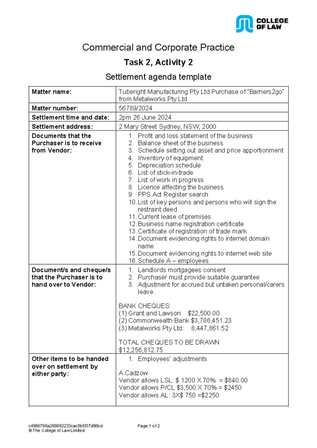 CCP T2 A2 Template settlement agenda Nasvt 2023 08 25 - Commercial and ...