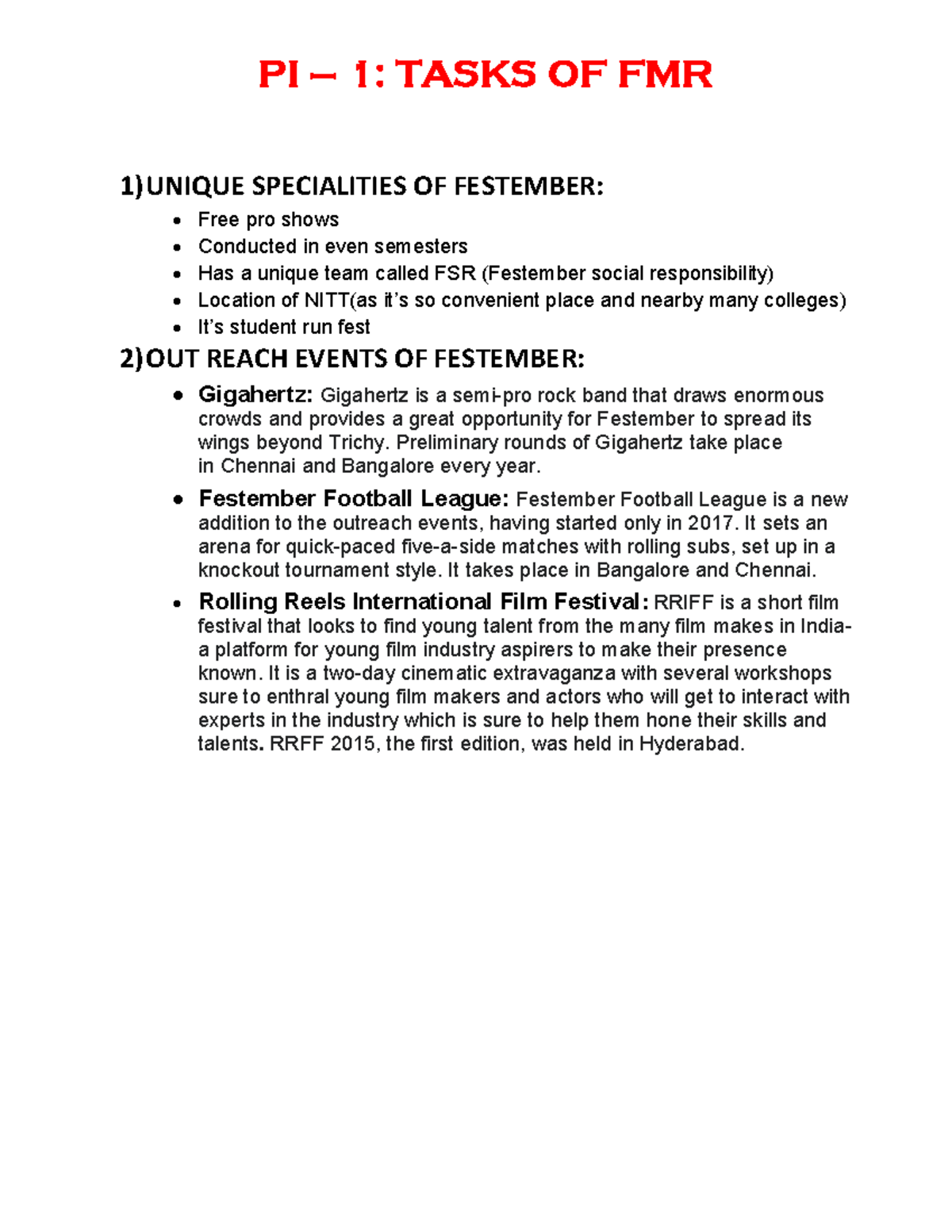 Task 1 FMR - Good - PI – 1 : TASKS OF FMR 1) UNIQUE SPECIALITIES OF ...