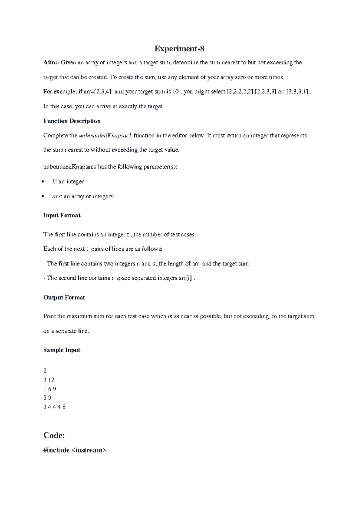 Experiment-8 - Experiment-8 - Experiment- Aim:- Given an array of ...
