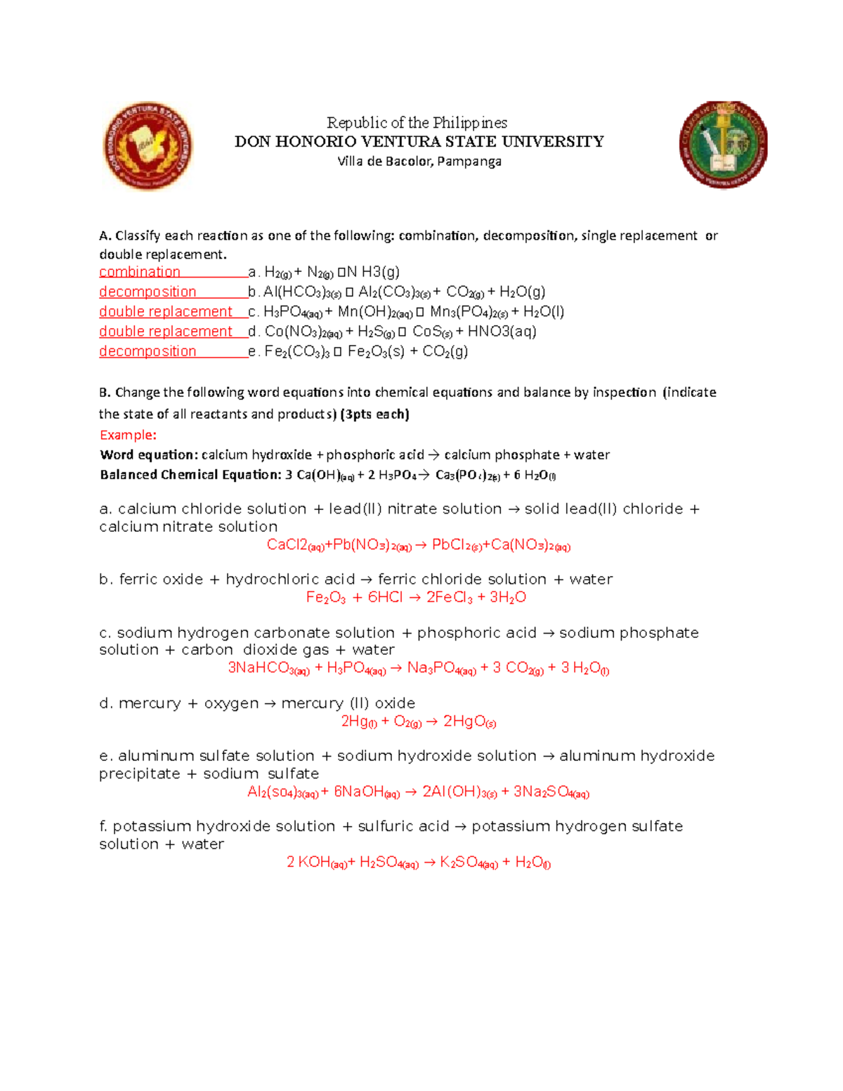 Chemical Equation - Republic Of The Philippines DON HONORIO VENTURA ...