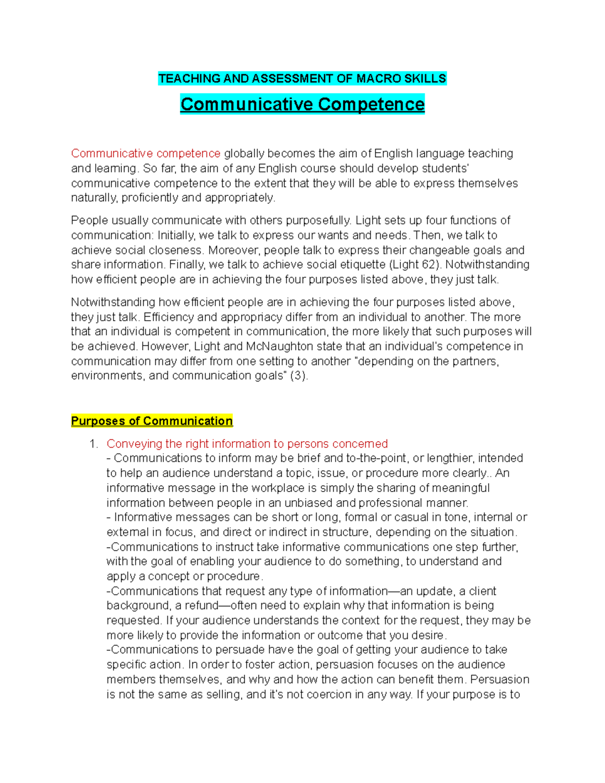 Teaching AND Assessment OF Macro Skills Communicative Competence 1 ...