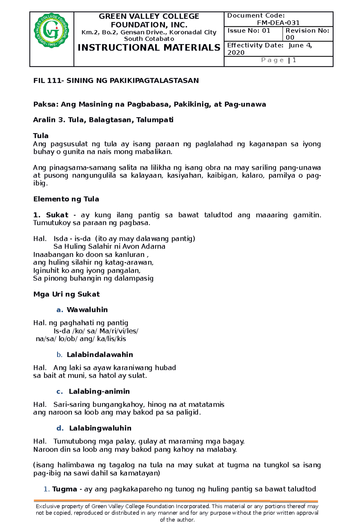 Midterm Aralin 3 - fil 1 - GREEN VALLEY COLLEGE FOUNDATION, INC. Km, Bo ...