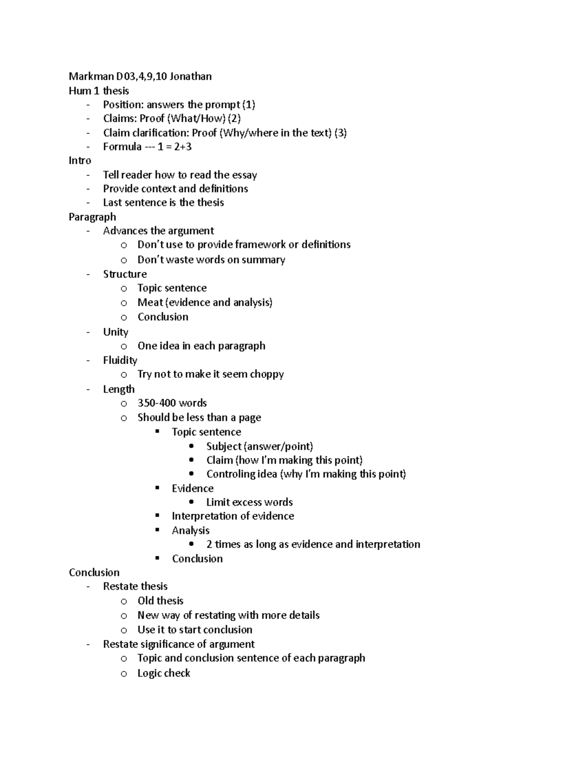 HUM 1 essay format - Markman D03,4,9,10 Jonathan Hum 1 thesis ...