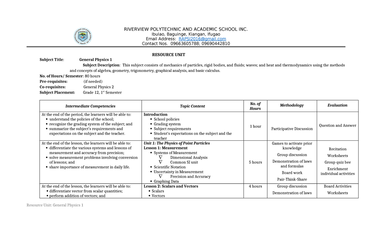 RU. Gen Physics 1 - RIVERVIEW POLYTECHNIC AND ACADEMIC SCHOOL INC ...