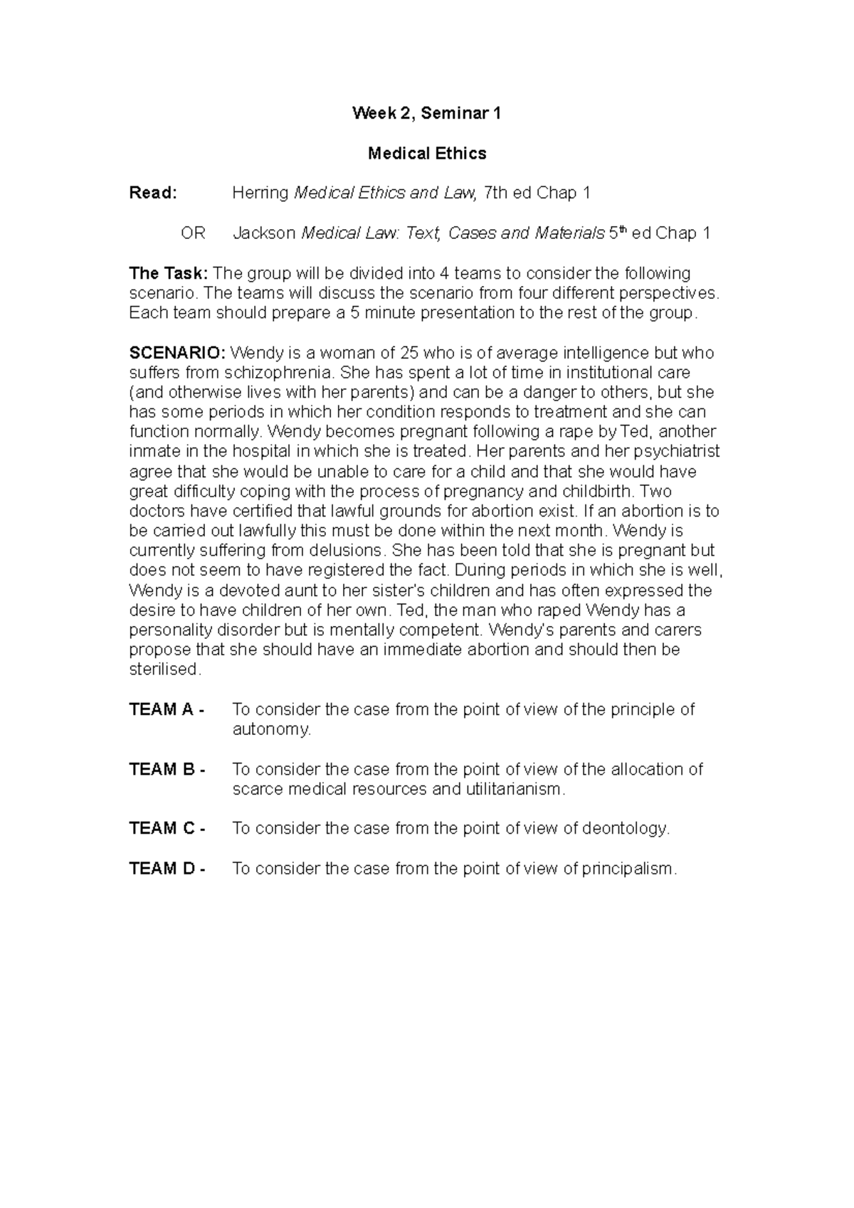 Medicine and the Law Seminar 1 - Week 2, Seminar 1 Medical Ethics Read ...